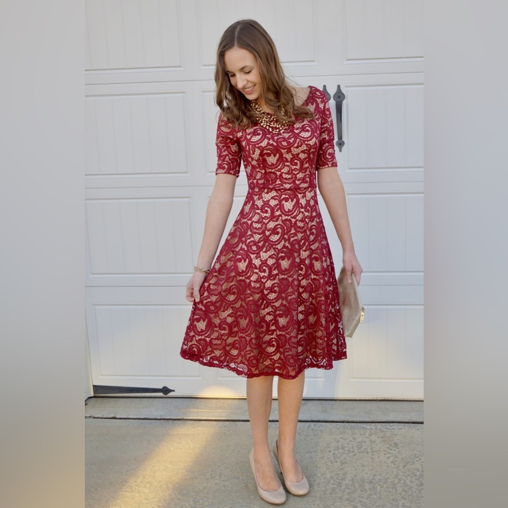 Mikarose cranberry + gold lace dress, XS